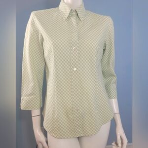 Faconnable checkers workwear 3/4 sleeves green white button down shirt Medium